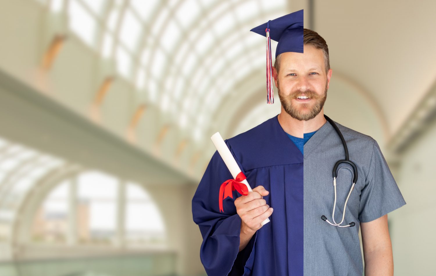 Split Screen of Caucasian Male As Graduate and Nurse On Campus or At Hospital.